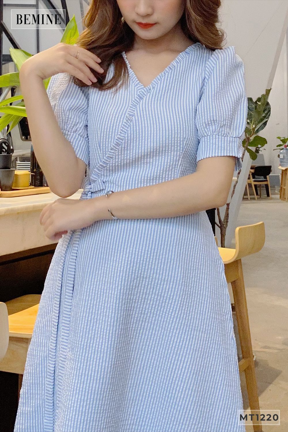 MT1220XANH - Đầm cổ tym đắp chéo nơ eo