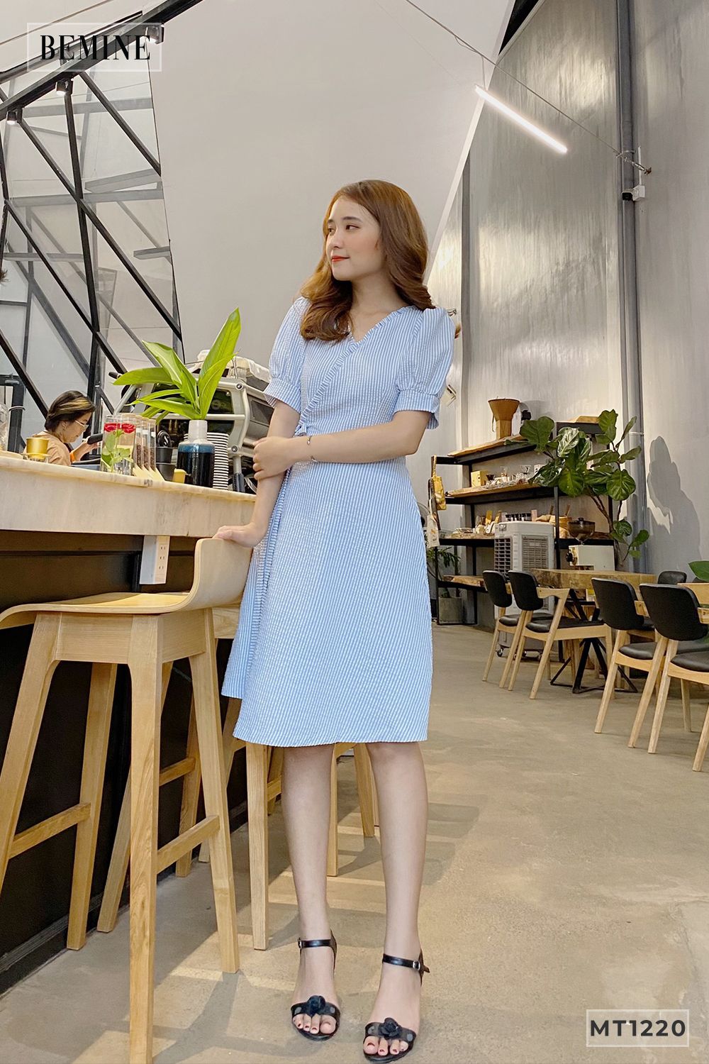 MT1220XANH - Đầm cổ tym đắp chéo nơ eo