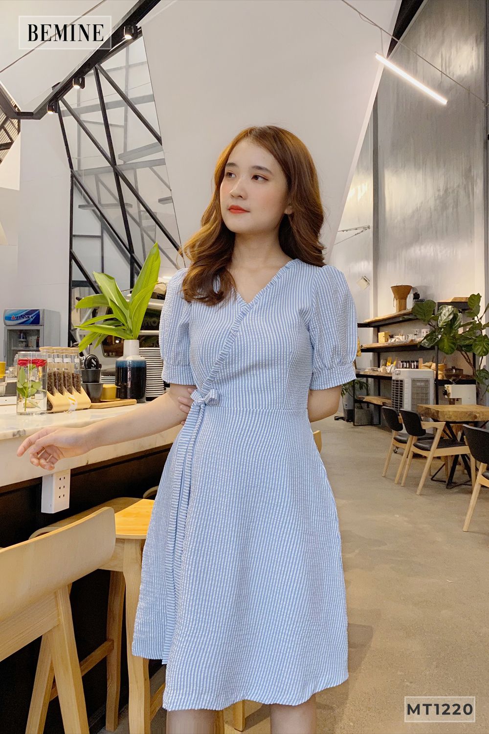 MT1220XANH - Đầm cổ tym đắp chéo nơ eo