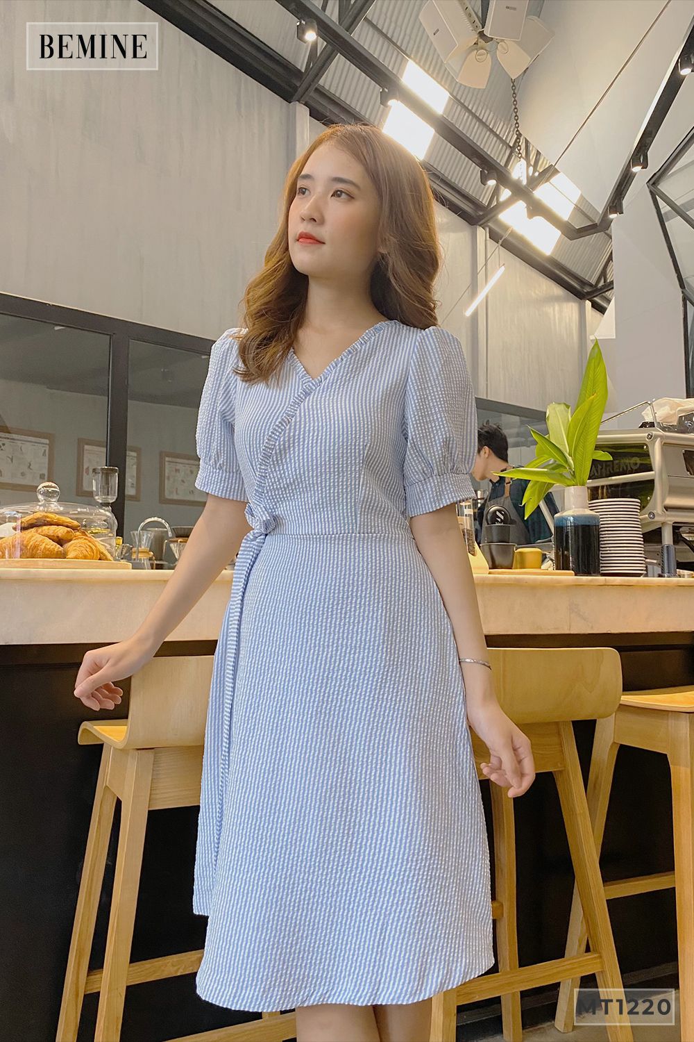 MT1220XANH - Đầm cổ tym đắp chéo nơ eo