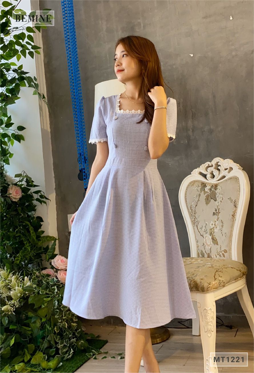 MT1221XANH - Đầm caro 4 nút ren tay cổ