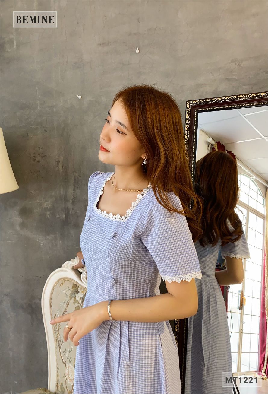 MT1221XANH - Đầm caro 4 nút ren tay cổ