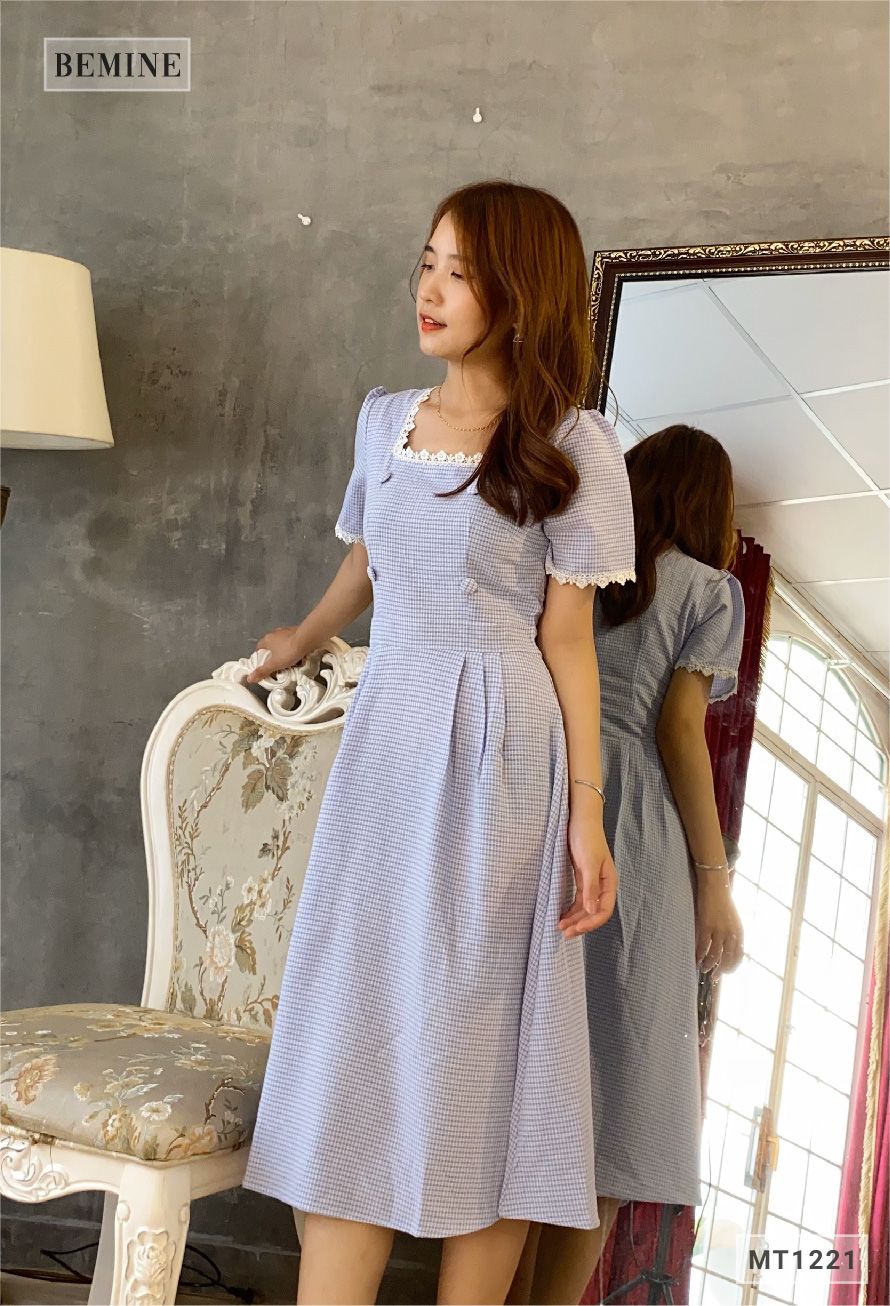 MT1221XANH - Đầm caro 4 nút ren tay cổ