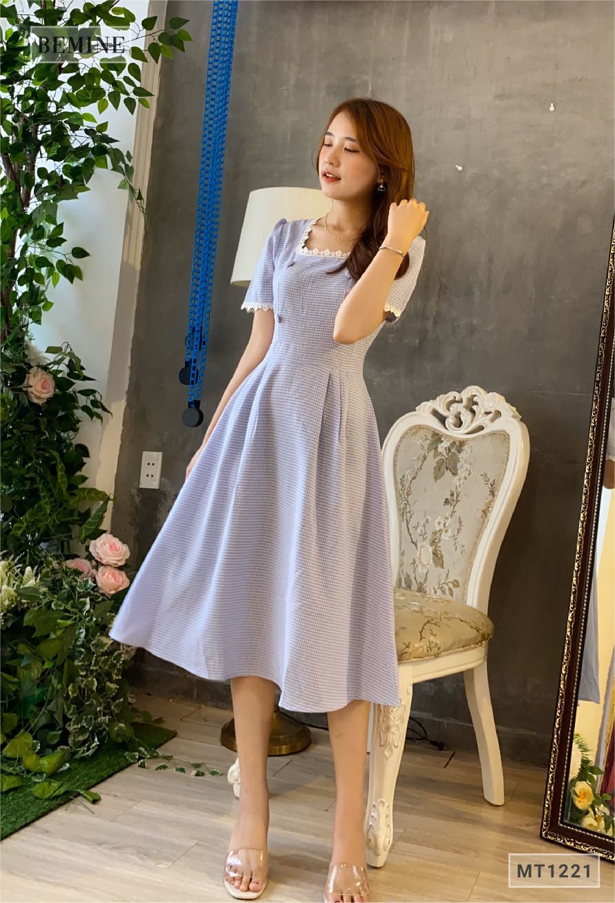 MT1221XANH - Đầm caro 4 nút ren tay cổ