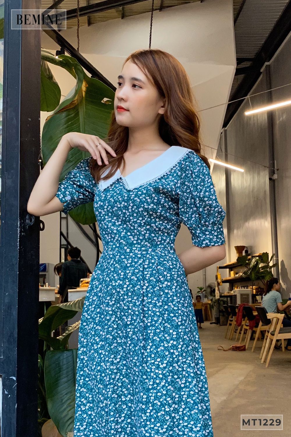 MT1229XANH - Đầm xòe cổ sen tay lỡ