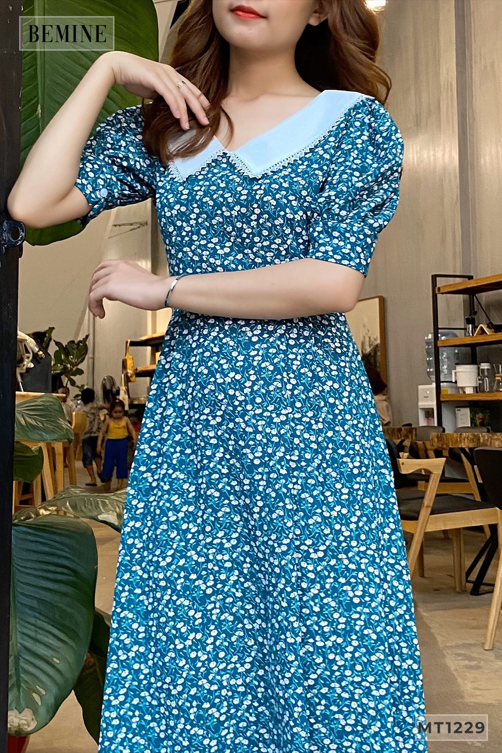 MT1229XANH - Đầm xòe cổ sen tay lỡ