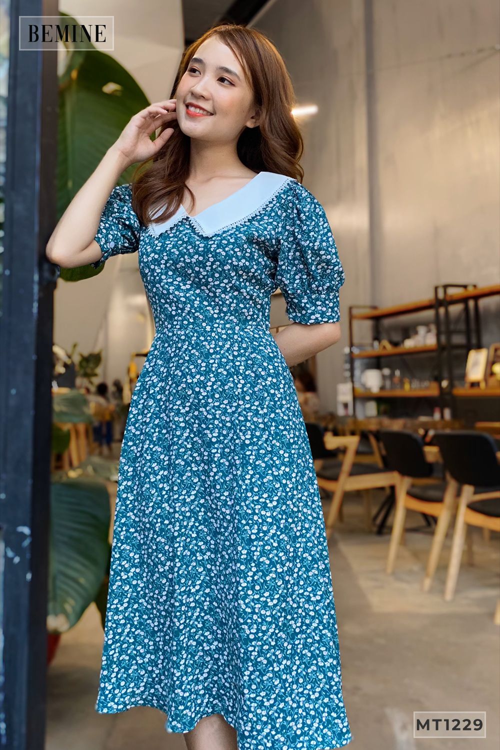 MT1229XANH - Đầm xòe cổ sen tay lỡ