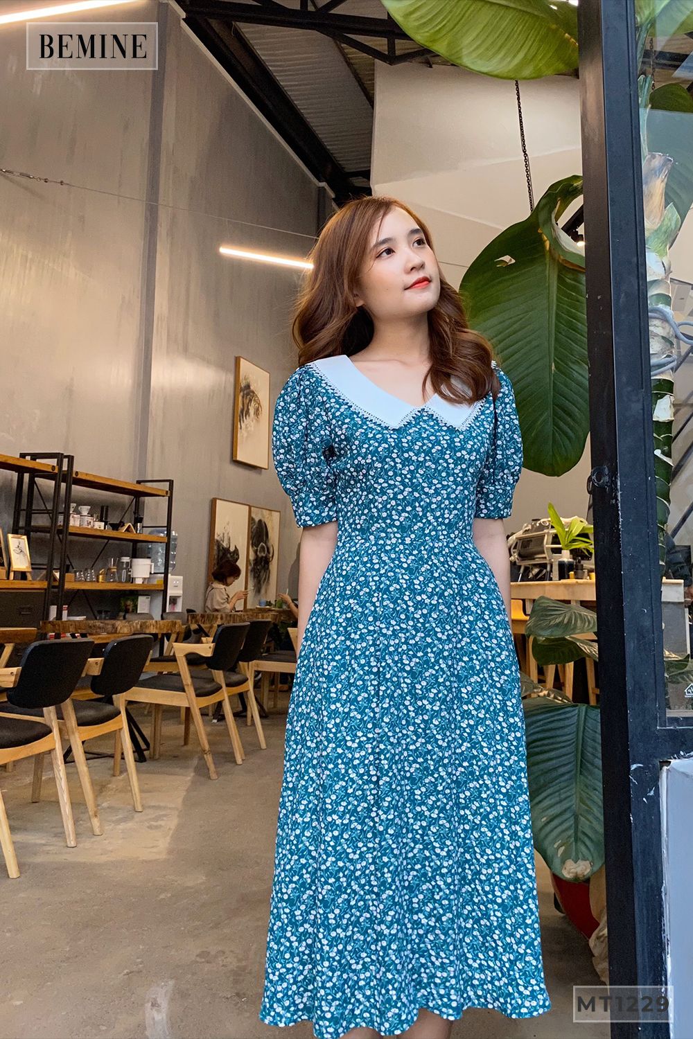MT1229XANH - Đầm xòe cổ sen tay lỡ