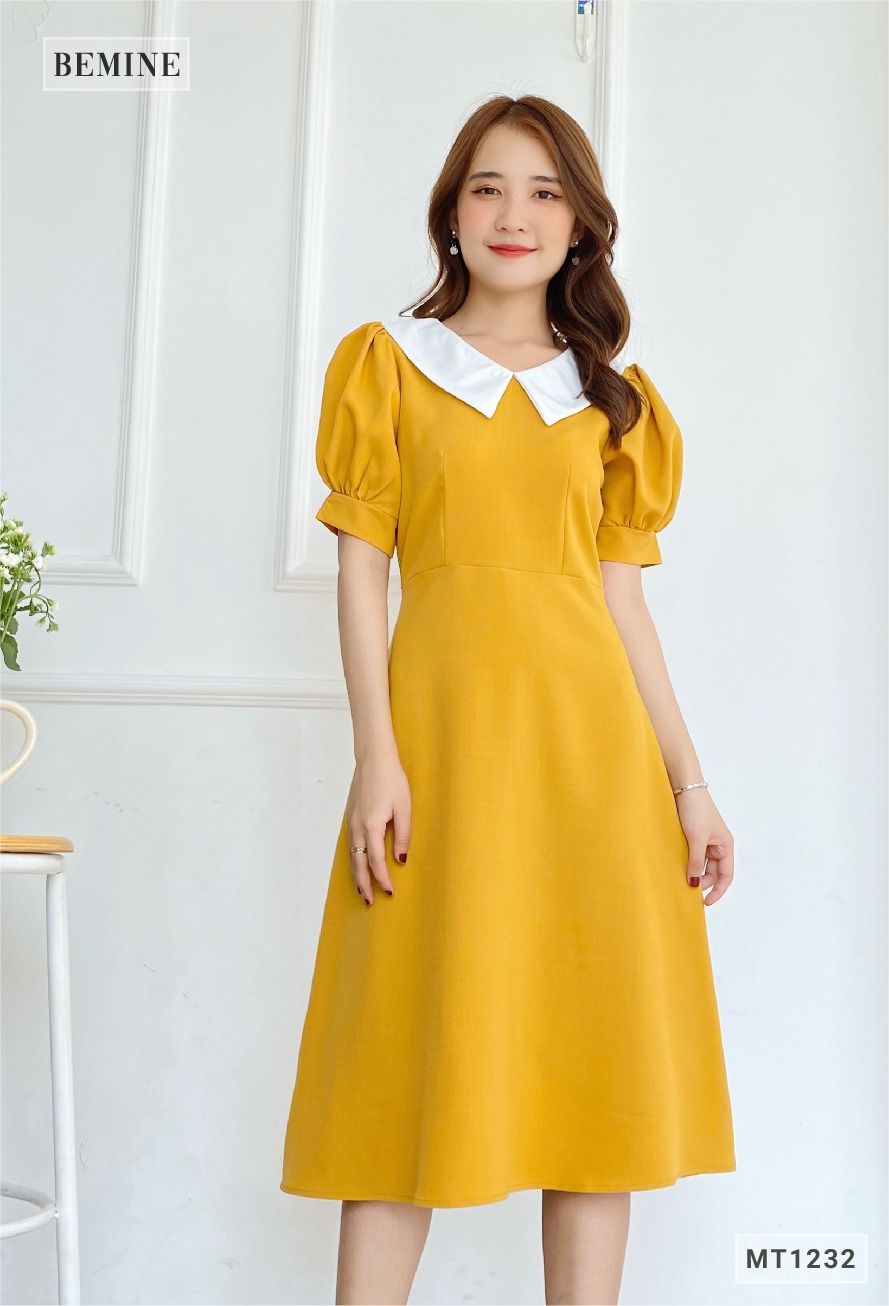 MT1232VANG - Đầm xòe tay ngắn cổ phối trắng