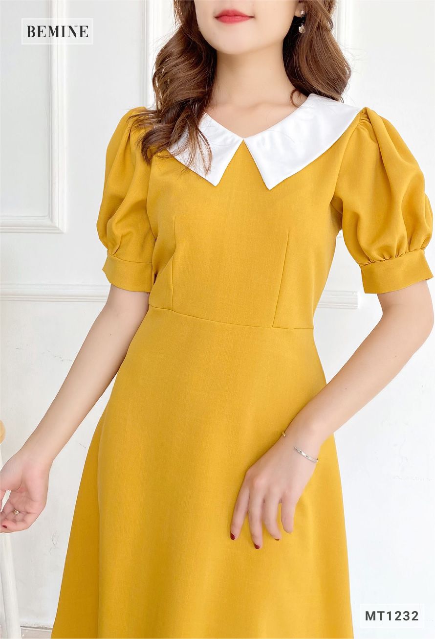 MT1232VANG - Đầm xòe tay ngắn cổ phối trắng