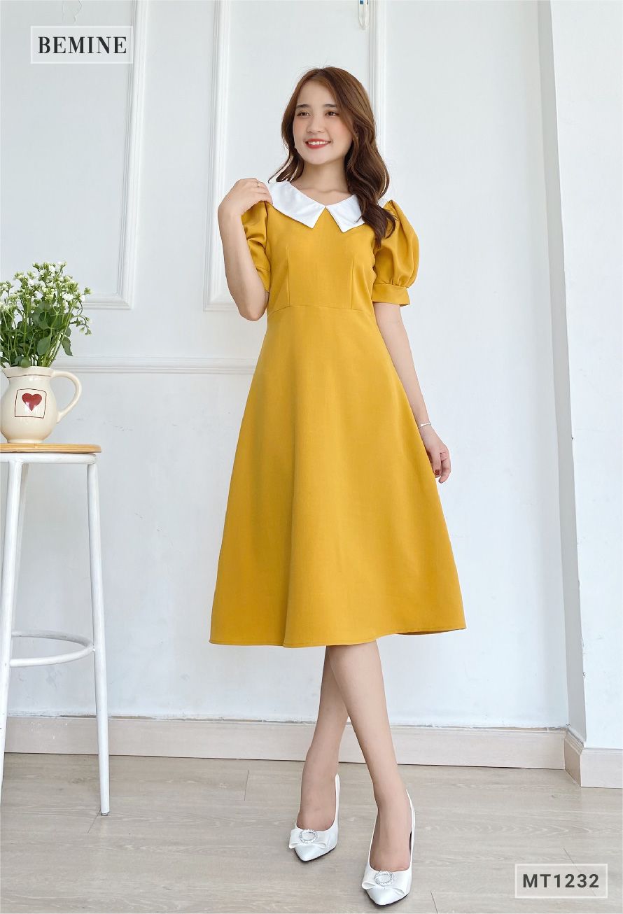 MT1232VANG - Đầm xòe tay ngắn cổ phối trắng