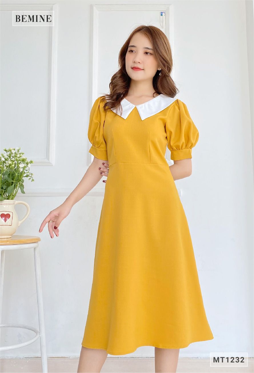 MT1232VANG - Đầm xòe tay ngắn cổ phối trắng