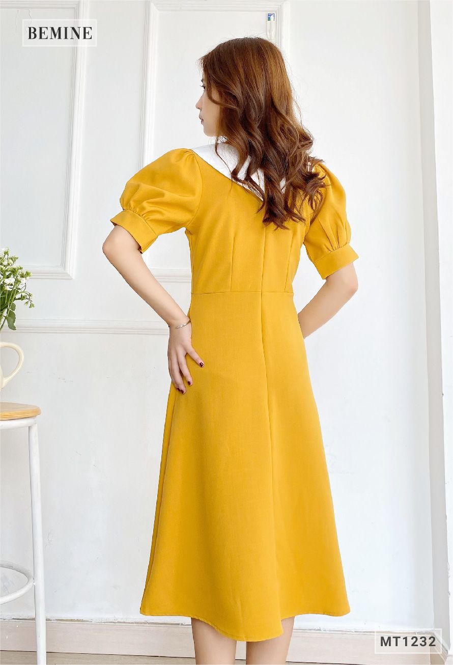 MT1232VANG - Đầm xòe tay ngắn cổ phối trắng