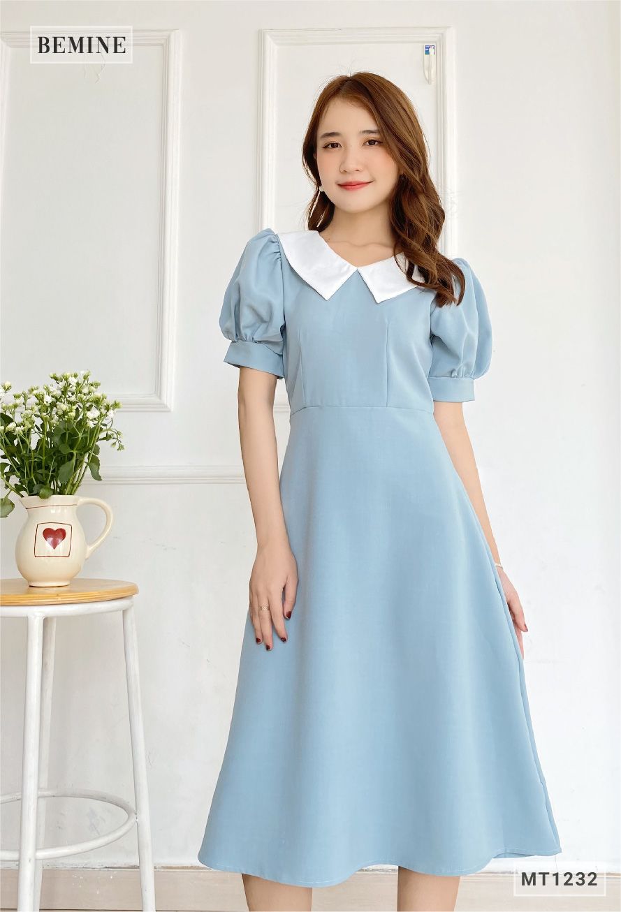 MT1232XANH - Đầm xòe tay ngắn cổ phối trắng