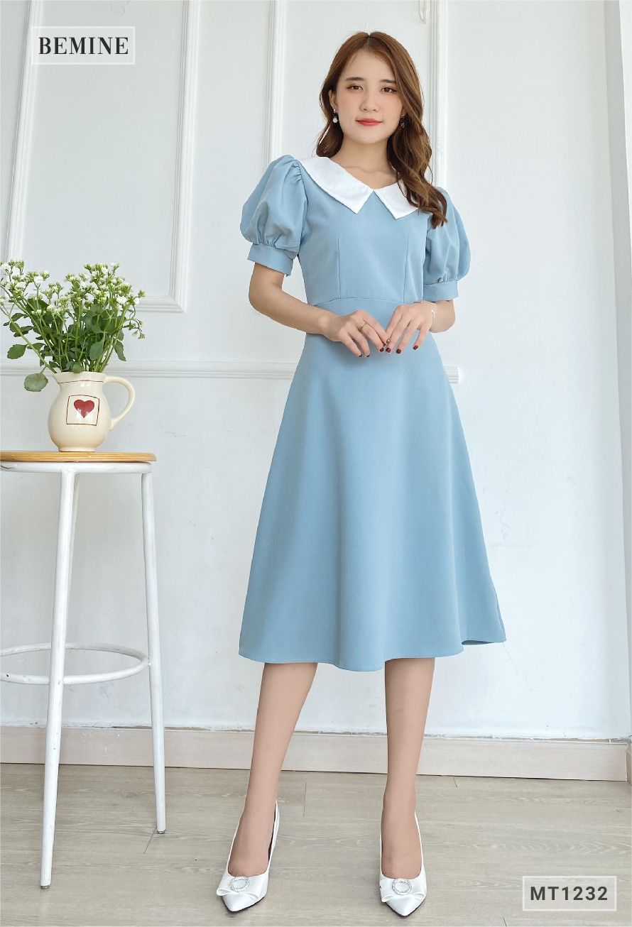 MT1232XANH - Đầm xòe tay ngắn cổ phối trắng