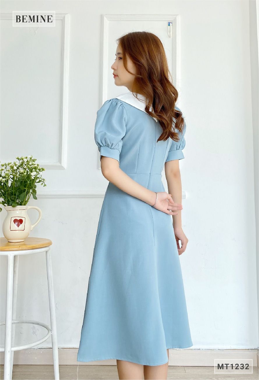 MT1232XANH - Đầm xòe tay ngắn cổ phối trắng