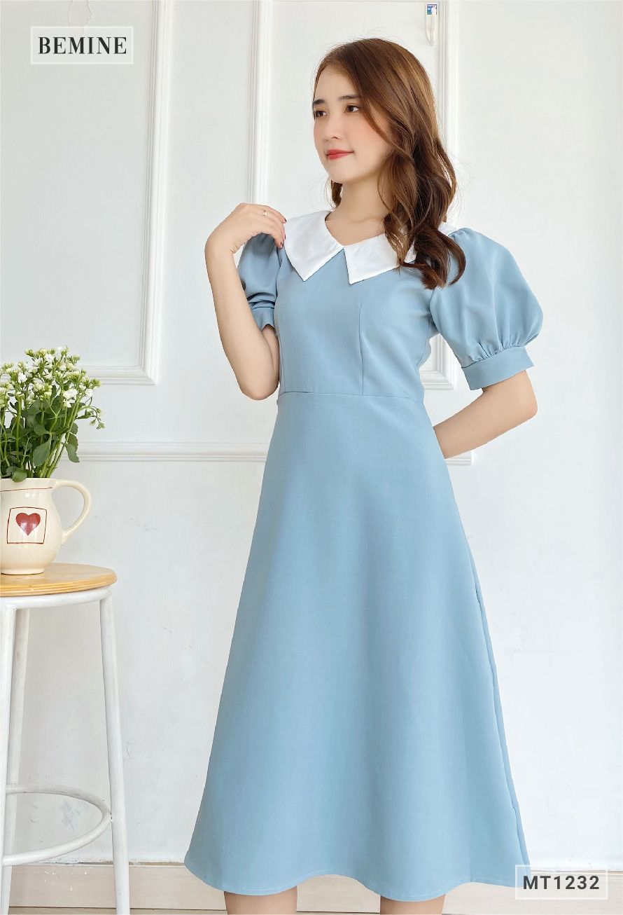 MT1232XANH - Đầm xòe tay ngắn cổ phối trắng