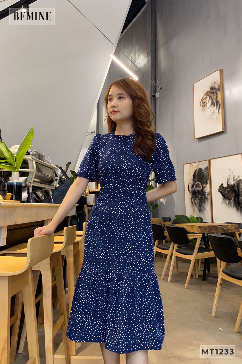 MT1233XANH - Đầm xòe chấm bi đuôi cá