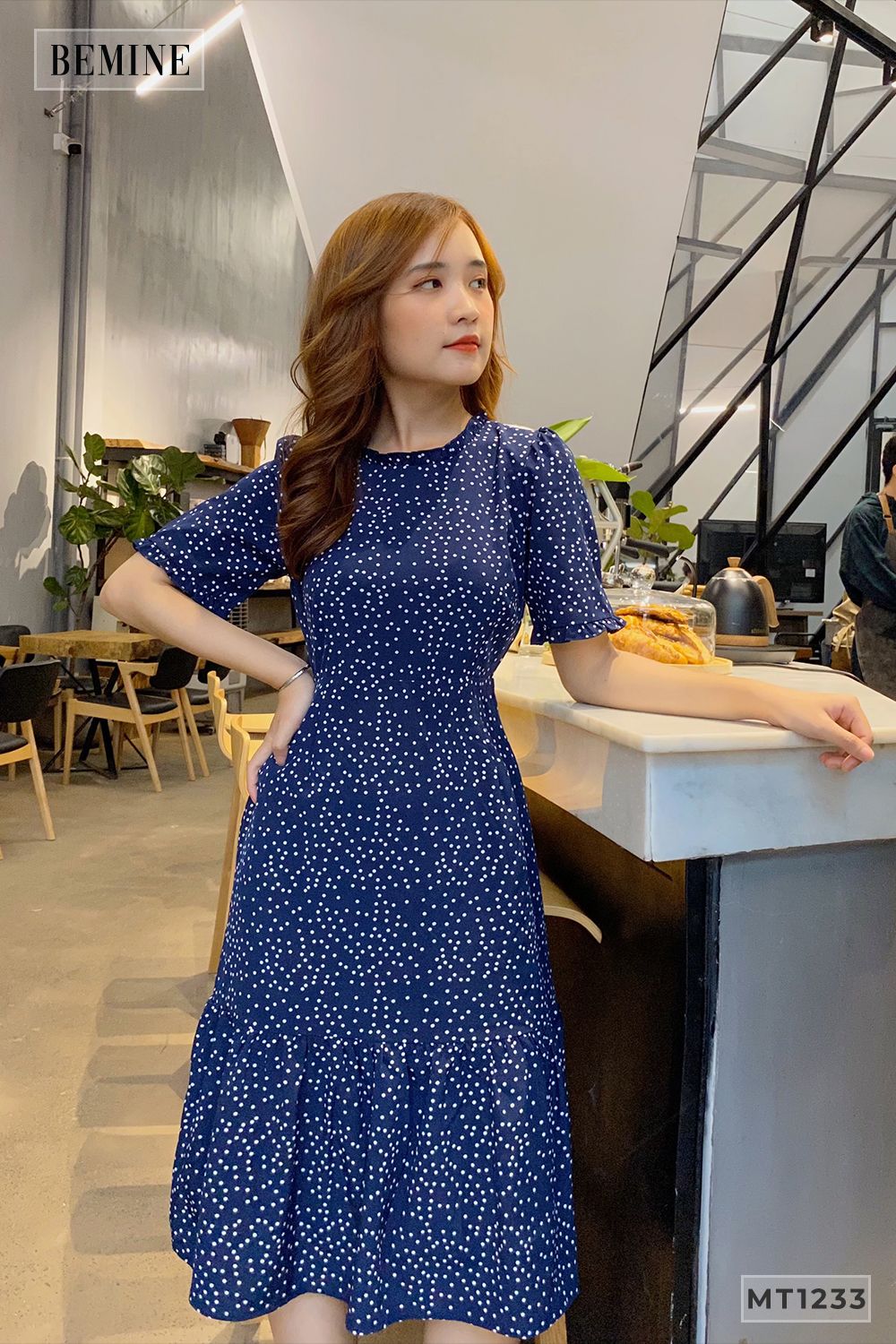 MT1233XANH - Đầm xòe chấm bi đuôi cá