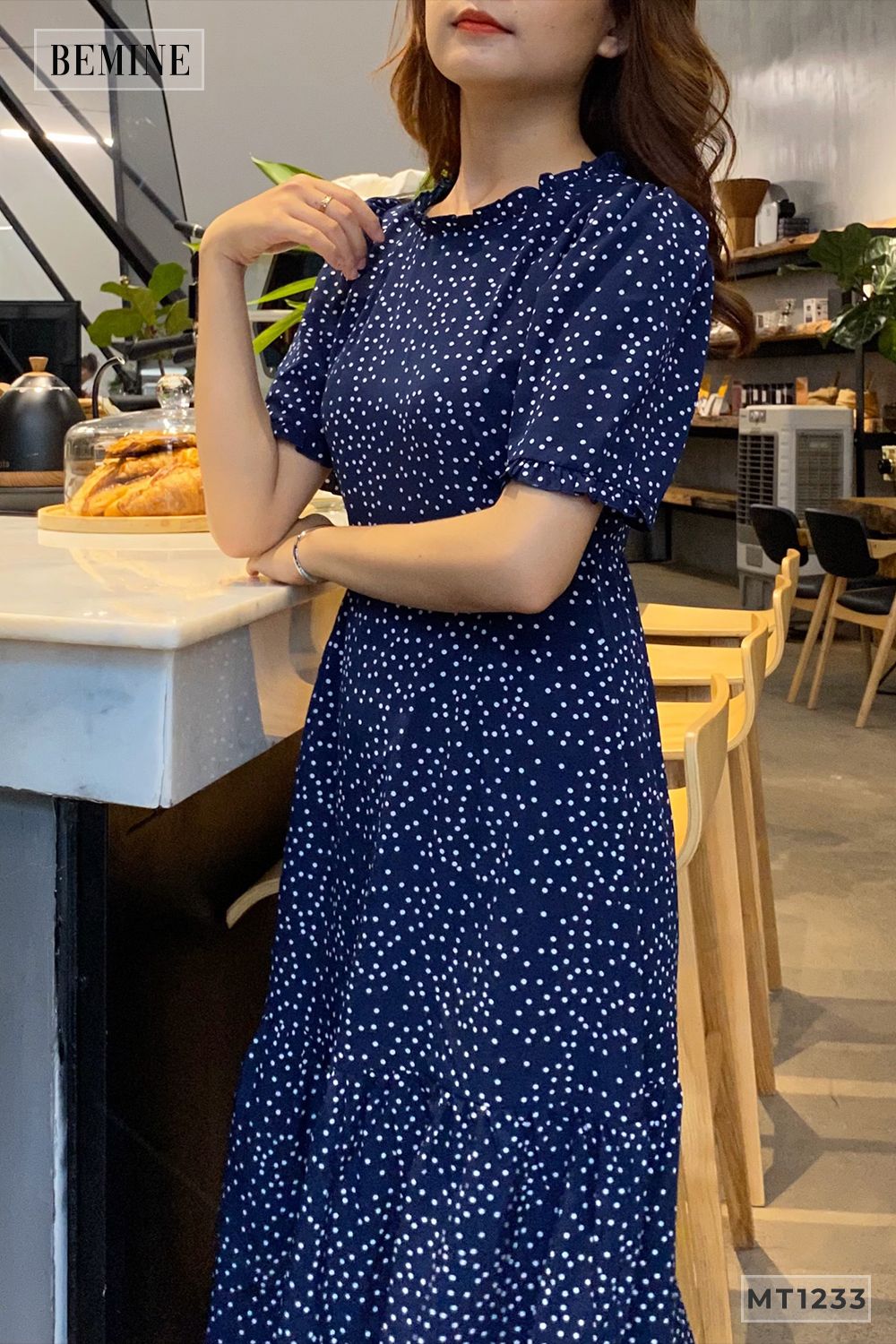 MT1233XANH - Đầm xòe chấm bi đuôi cá