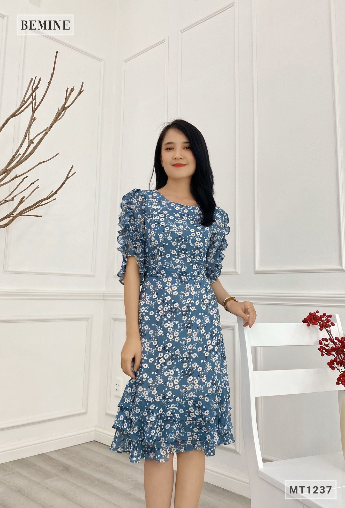 MT1237XANH - Đầm xòe bèo tay đuôi cá