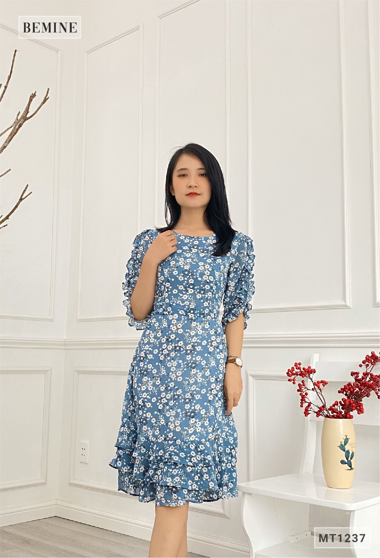 MT1237XANH - Đầm xòe bèo tay đuôi cá