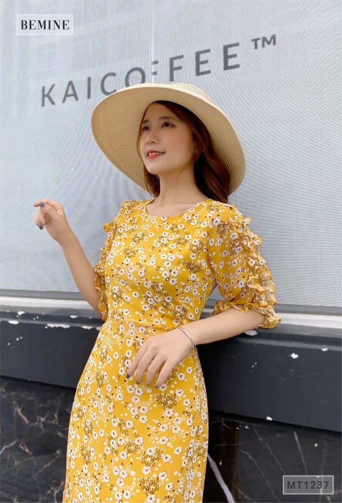 MT1237VANG - Đầm xòe bèo tay đuôi cá