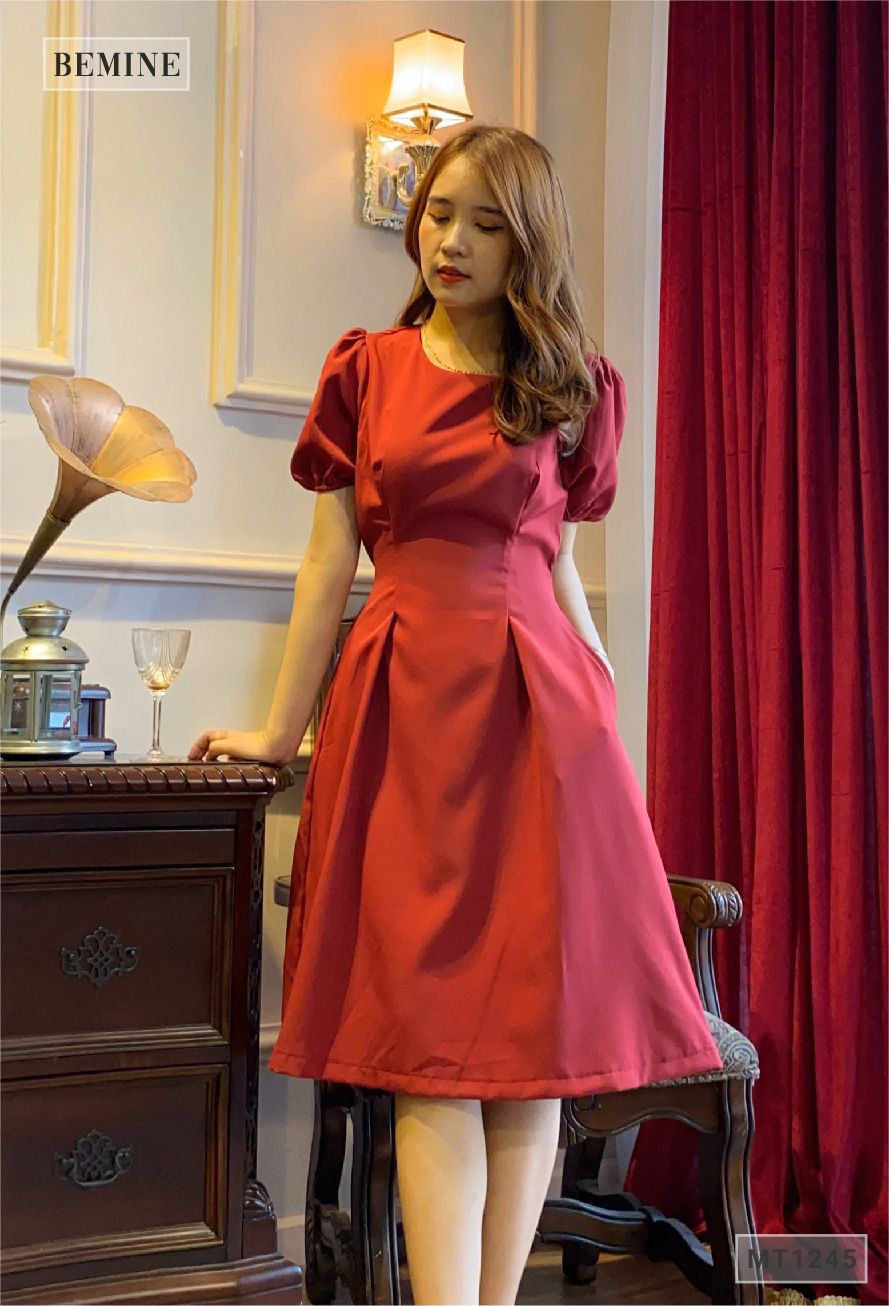 MT1245DO - Đầm tay phồng cột dây eo
