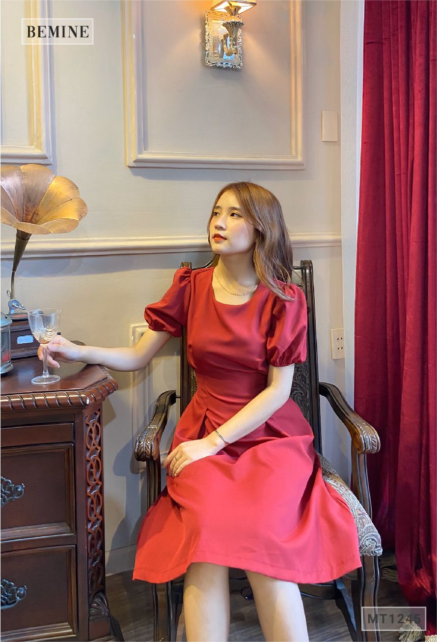 MT1245DO - Đầm tay phồng cột dây eo