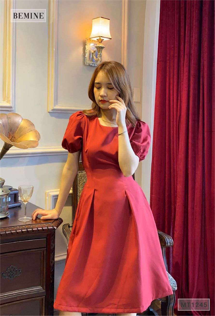 MT1245DO - Đầm tay phồng cột dây eo