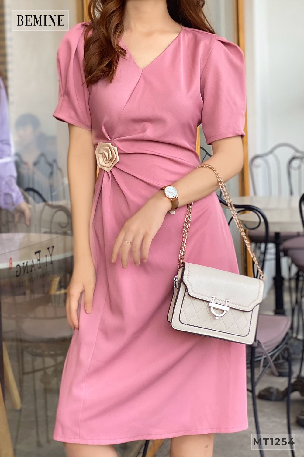 MT1254HONG - Đầm hoa nhúng eo