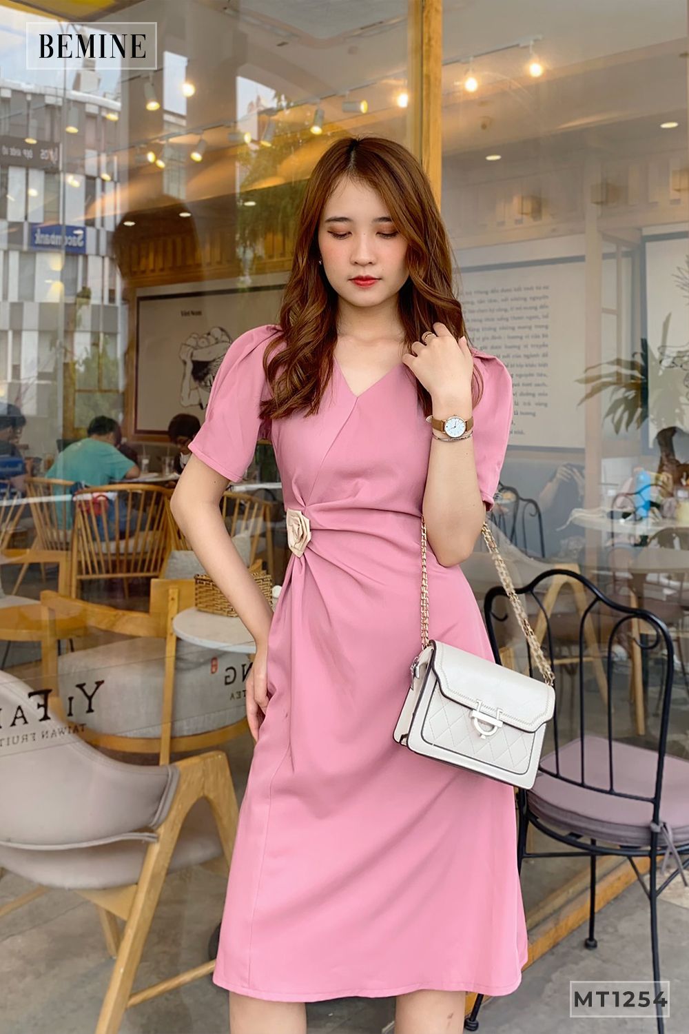 MT1254HONG - Đầm hoa nhúng eo