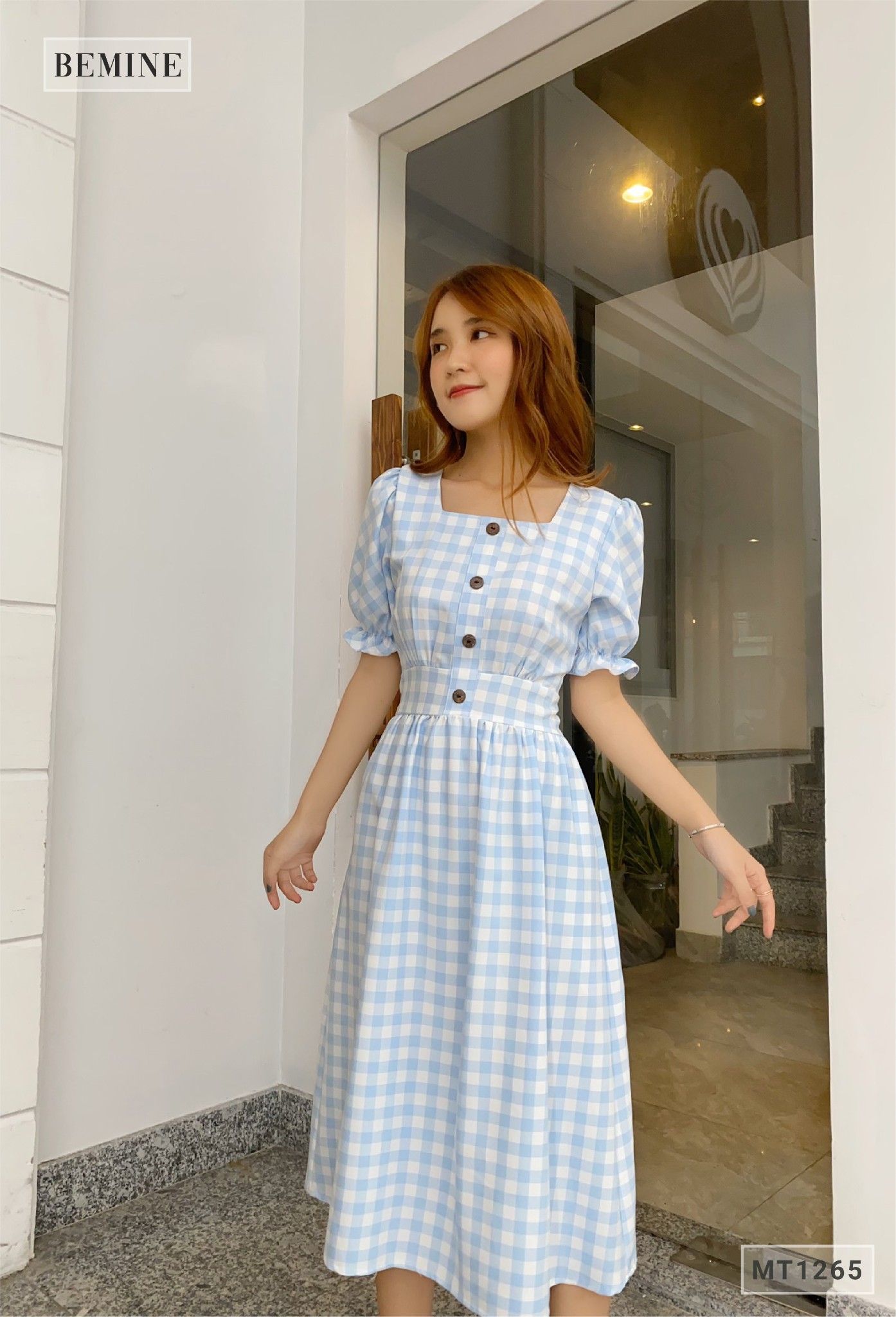 MT1265XANHBIEN - Đầm caro đính nút dọc