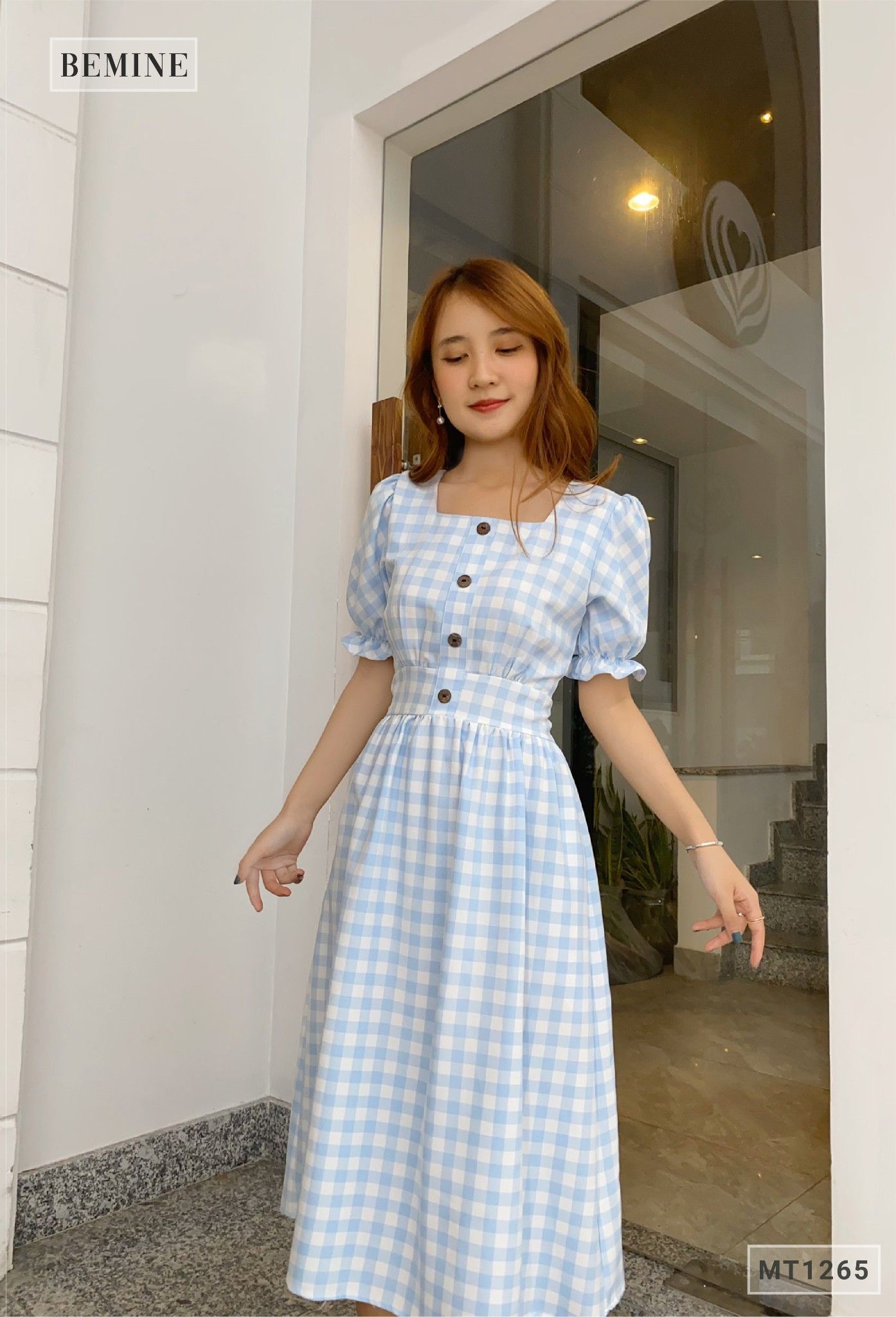 MT1265XANHBIEN - Đầm caro đính nút dọc