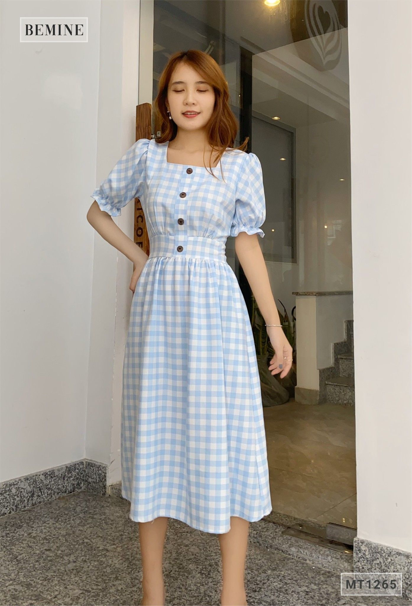 MT1265XANHBIEN - Đầm caro đính nút dọc