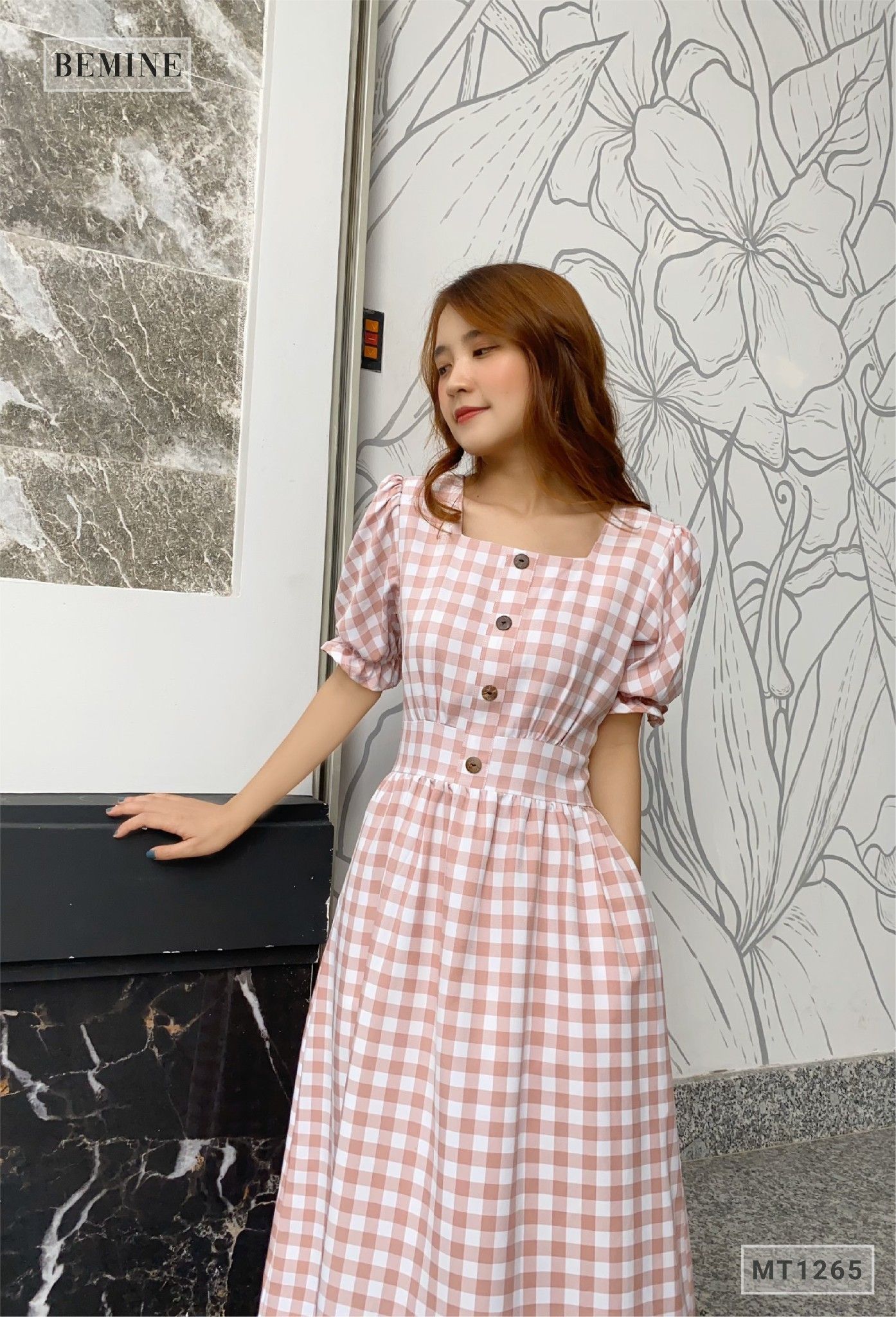 MT1265HONG - Đầm caro đính nút dọc