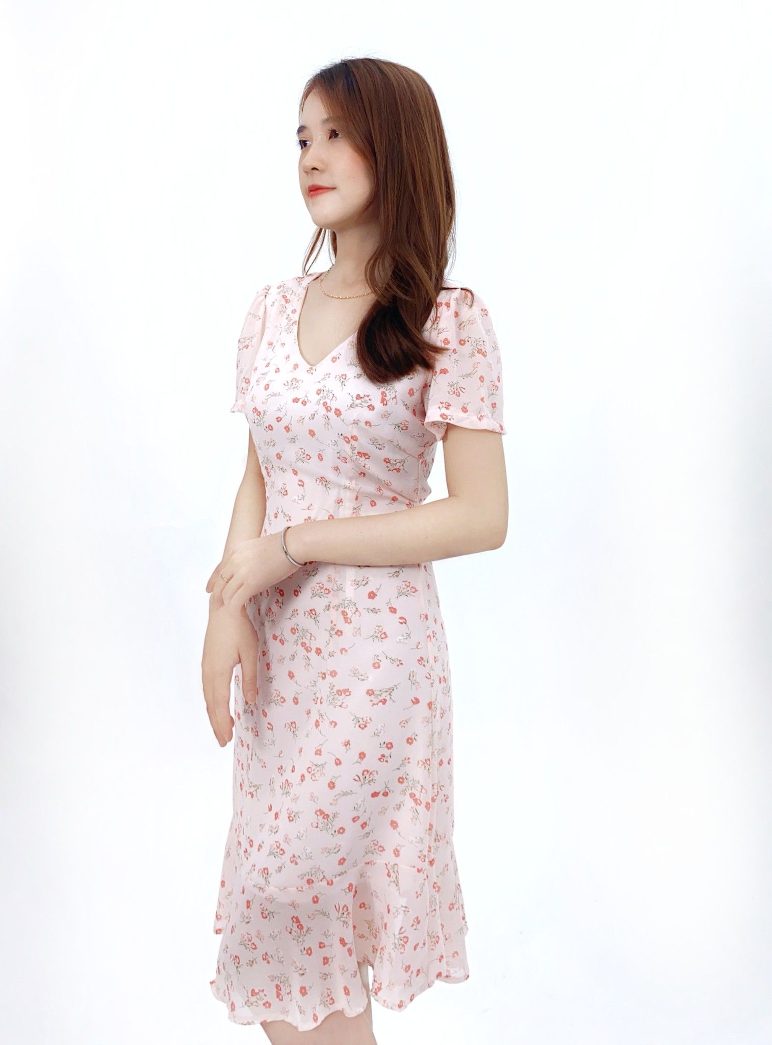 MT1270HONG - Đầm hoa đuôi cá cột eo