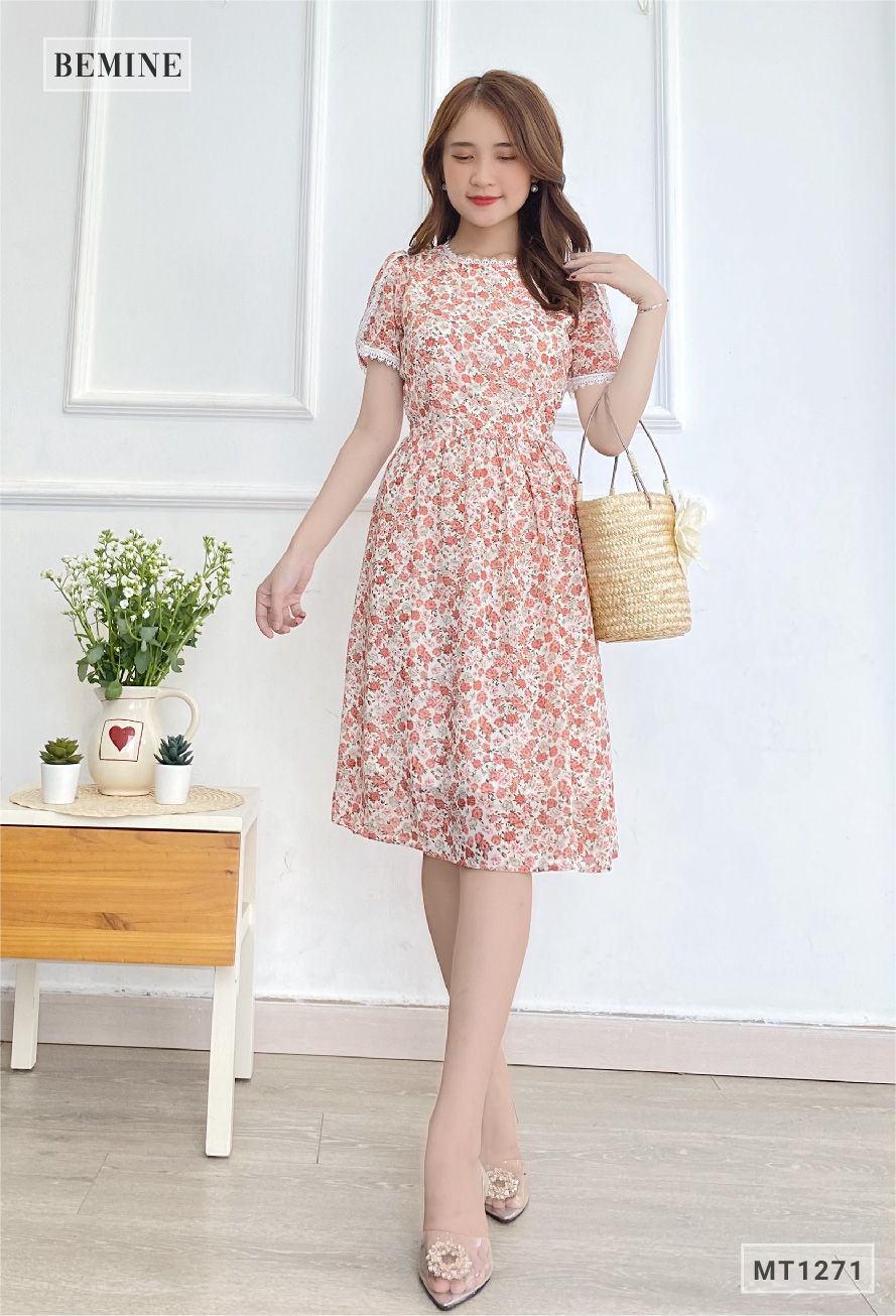 MT1271DO - Đầm hoa cổ tròn thun eo