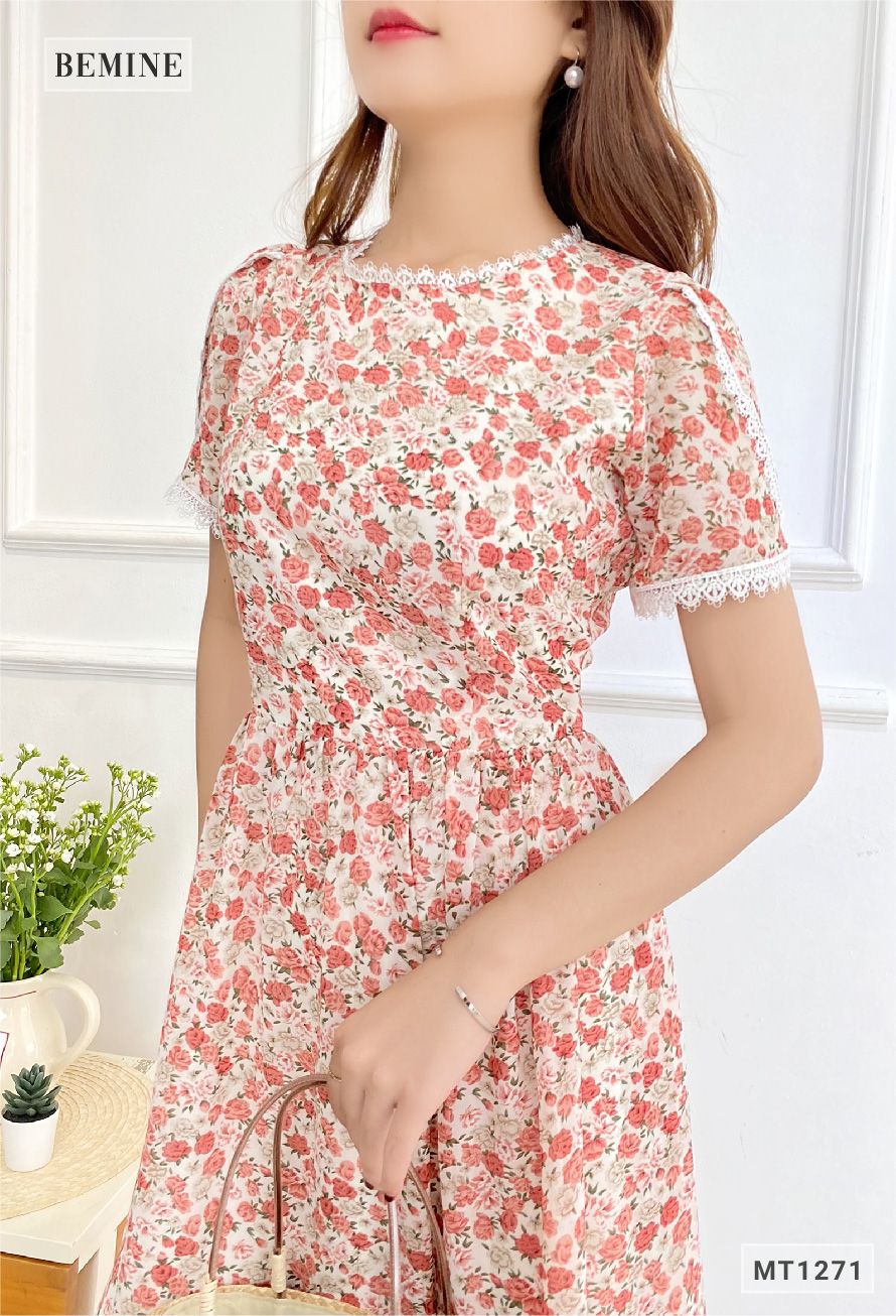 MT1271DO - Đầm hoa cổ tròn thun eo