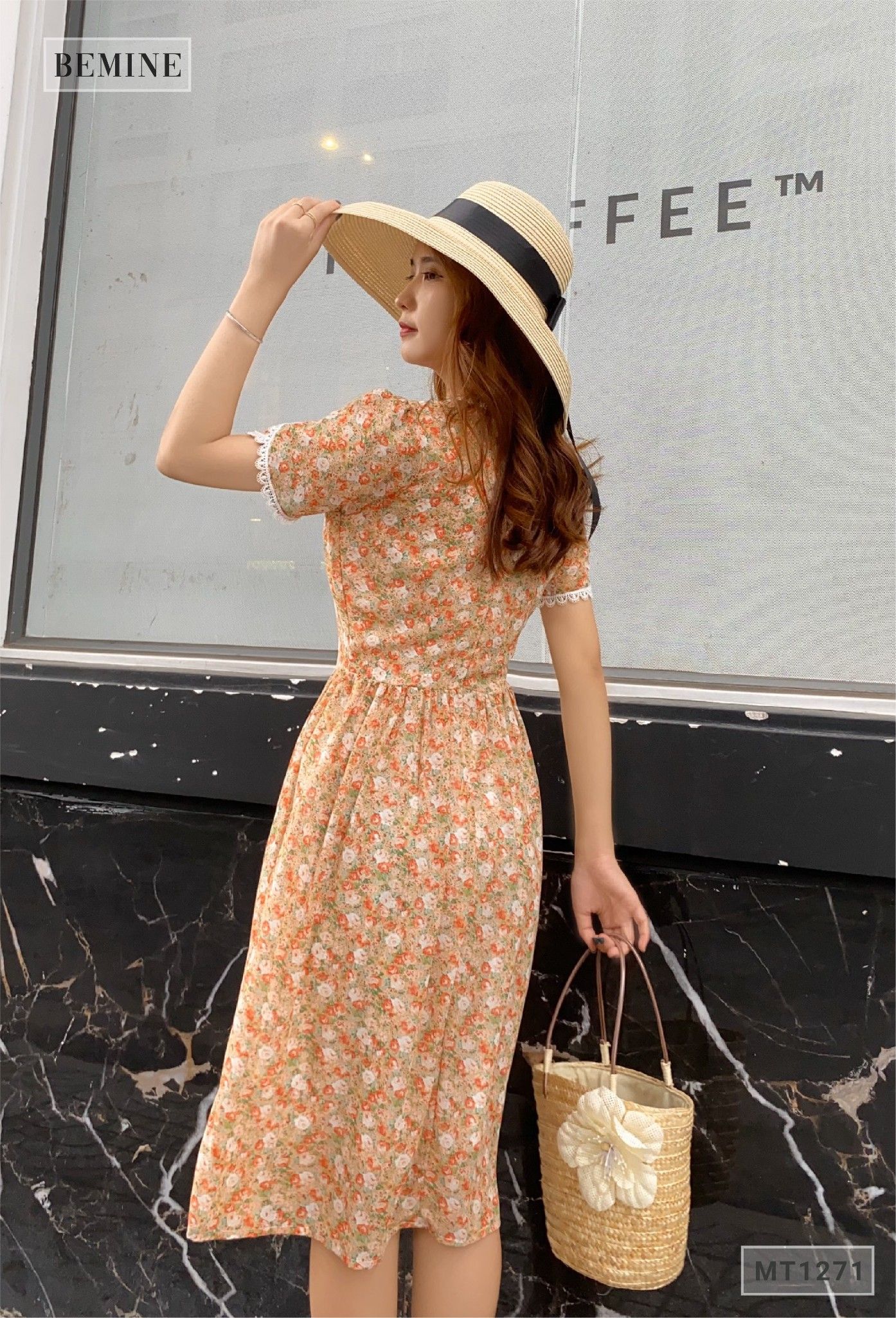 MT1271GACH - Đầm hoa cổ tròn thun eo