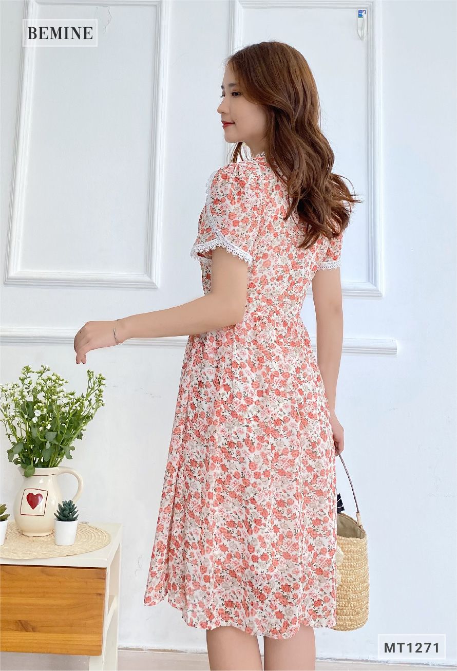 MT1271DO - Đầm hoa cổ tròn thun eo