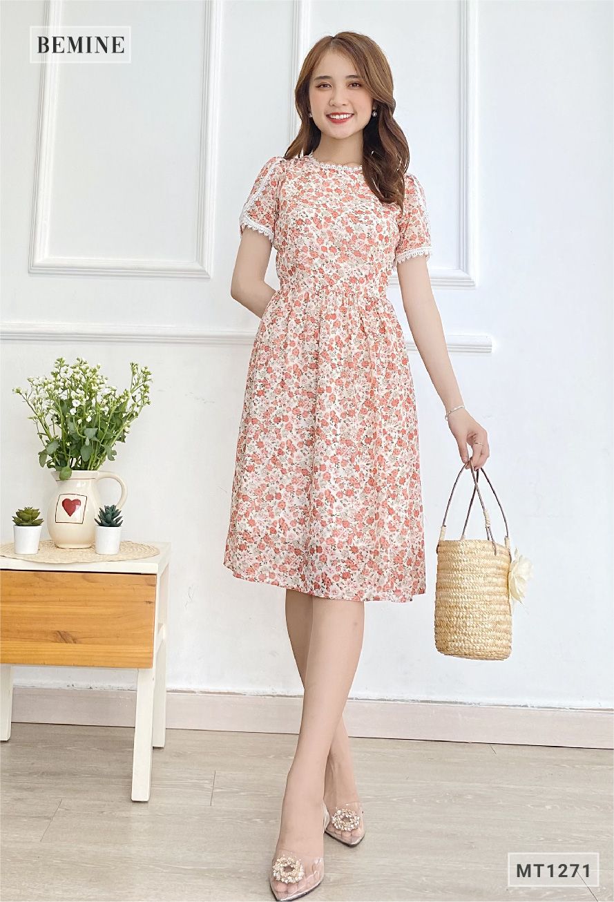 MT1271DO - Đầm hoa cổ tròn thun eo