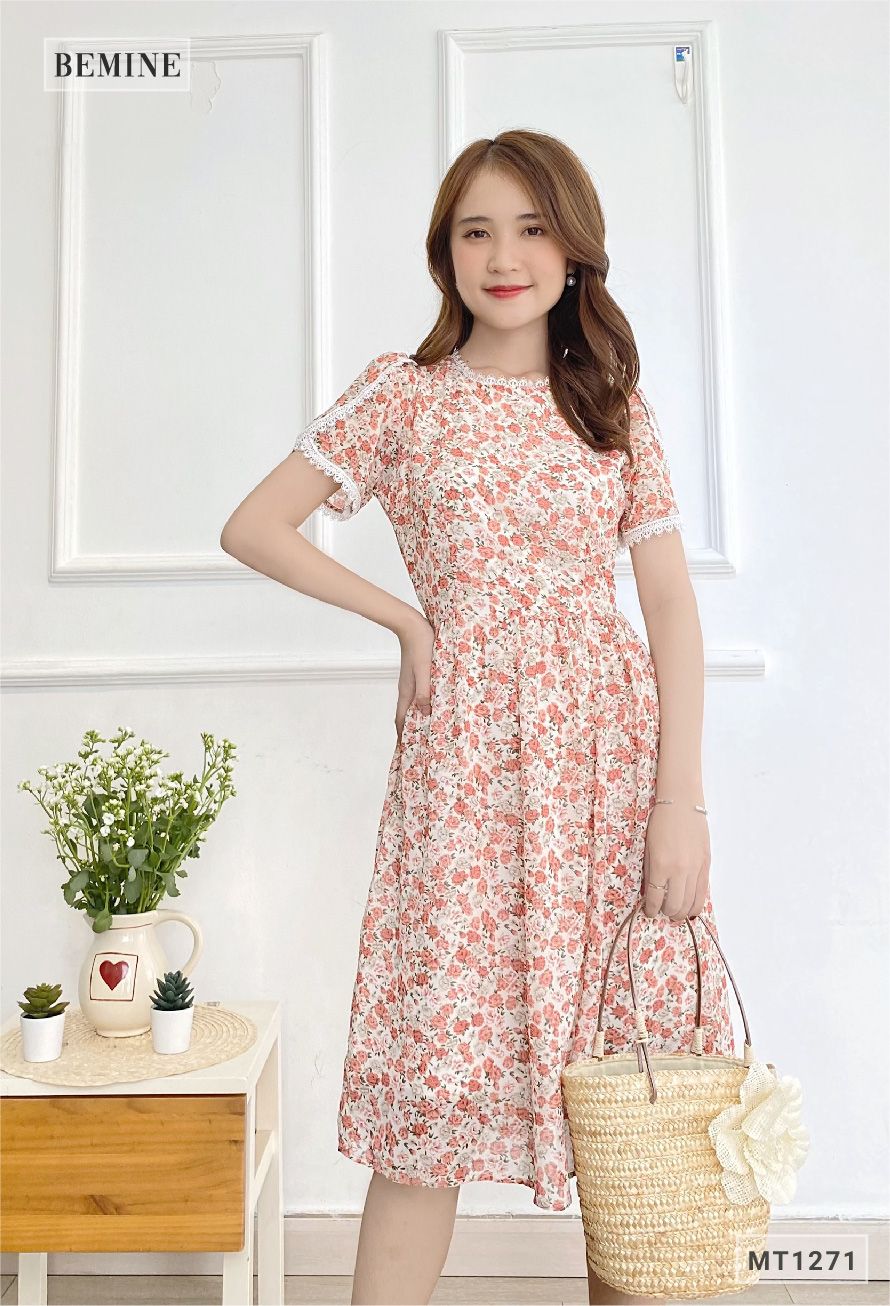 MT1271DO - Đầm hoa cổ tròn thun eo