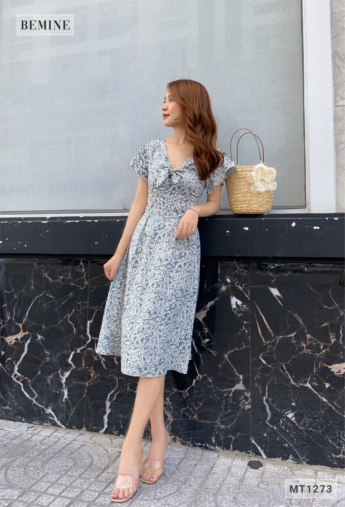 MT1273XANH - Đầm cổ tym tay cánh tiên