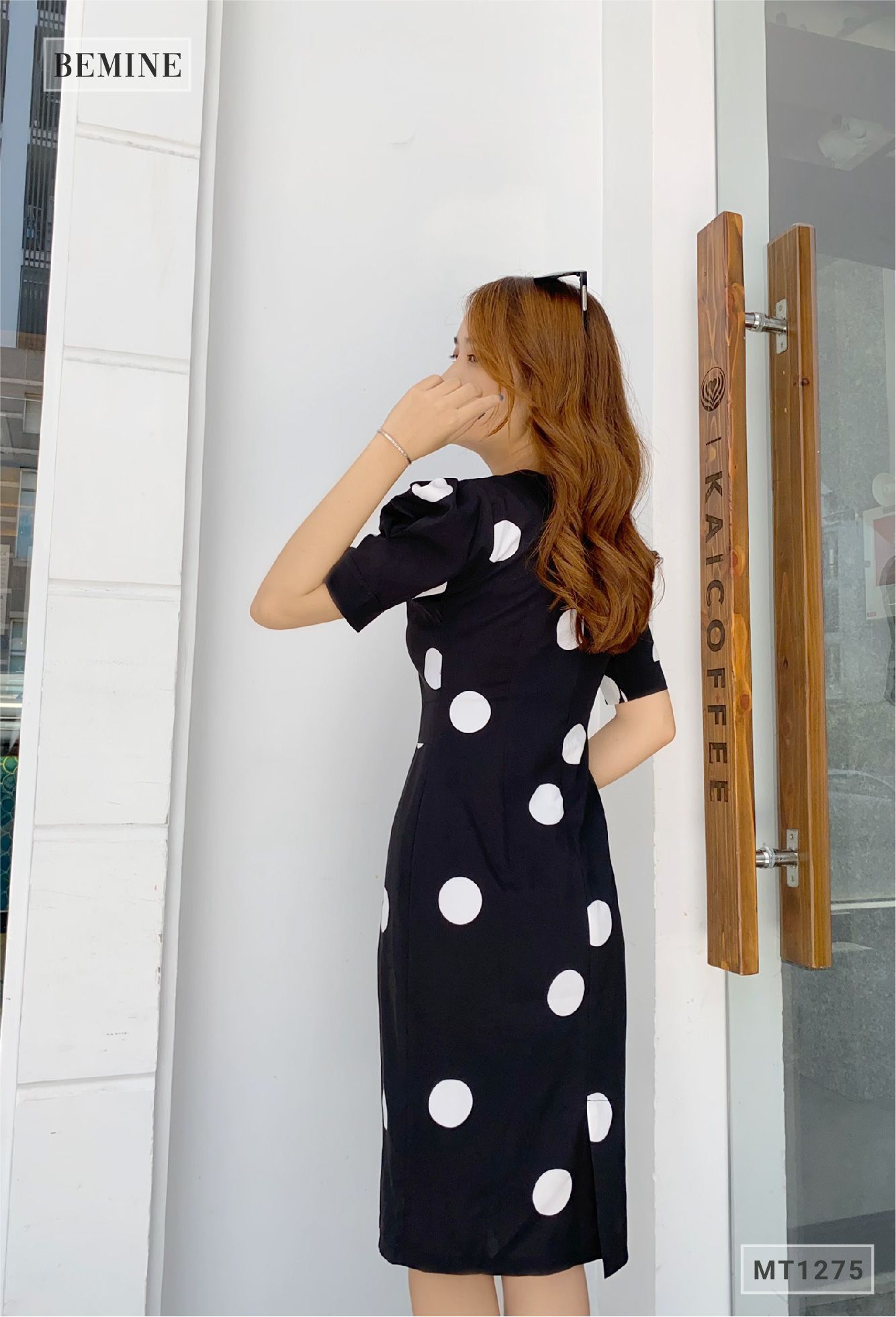 MT1275DEN - Đầm chấm bi cổ đắp chéo