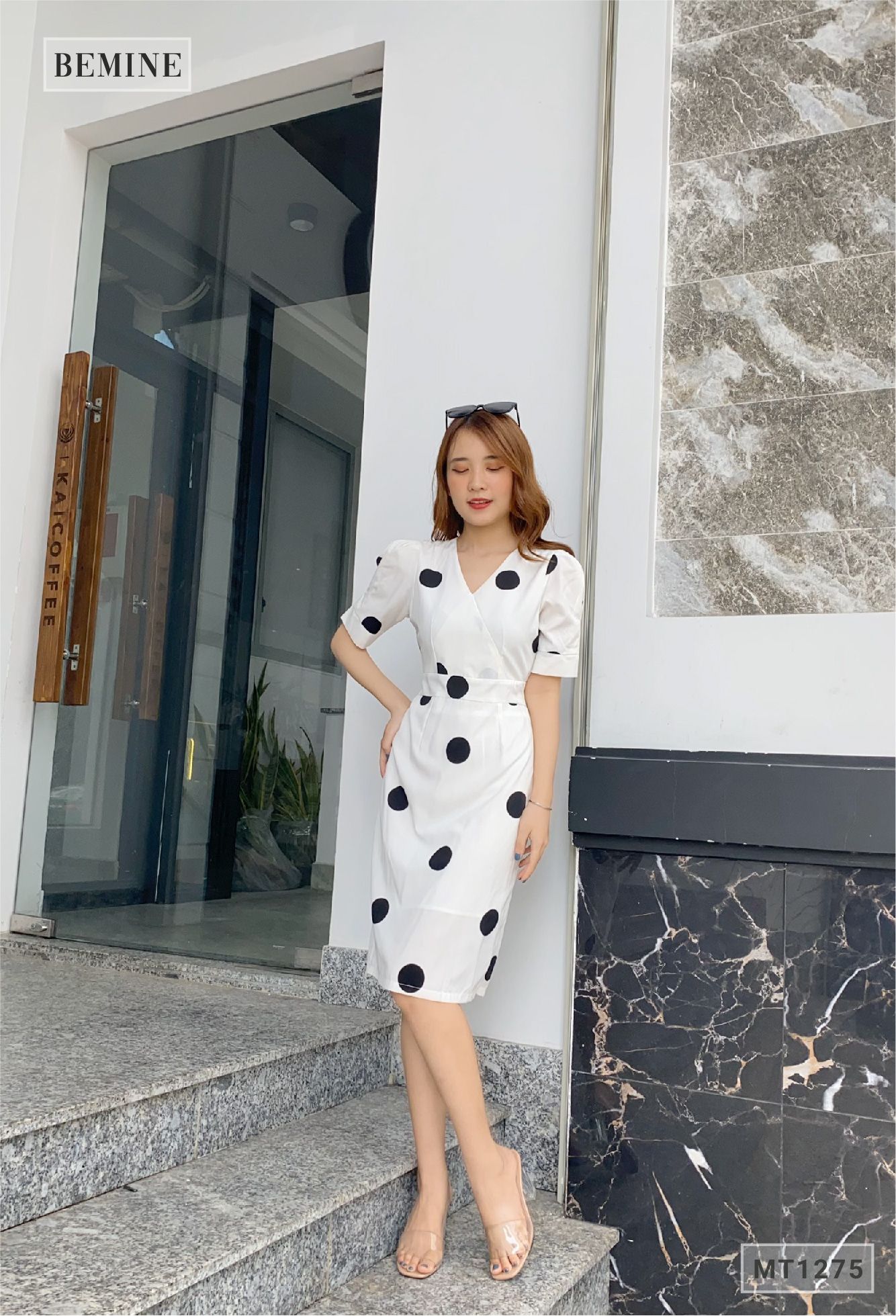 MT1275TRANG - Đầm chấm bi cổ đắp chéo
