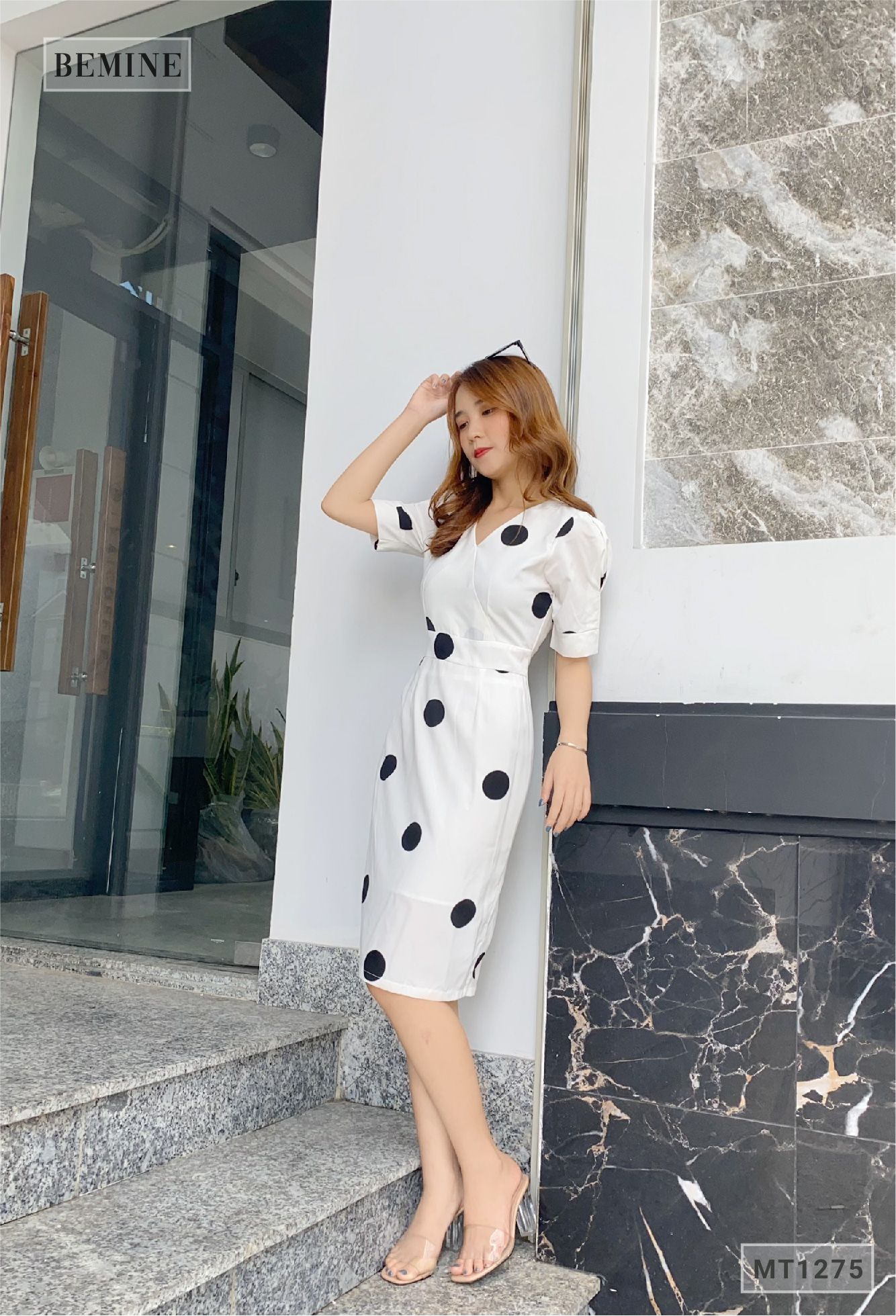 MT1275TRANG - Đầm chấm bi cổ đắp chéo