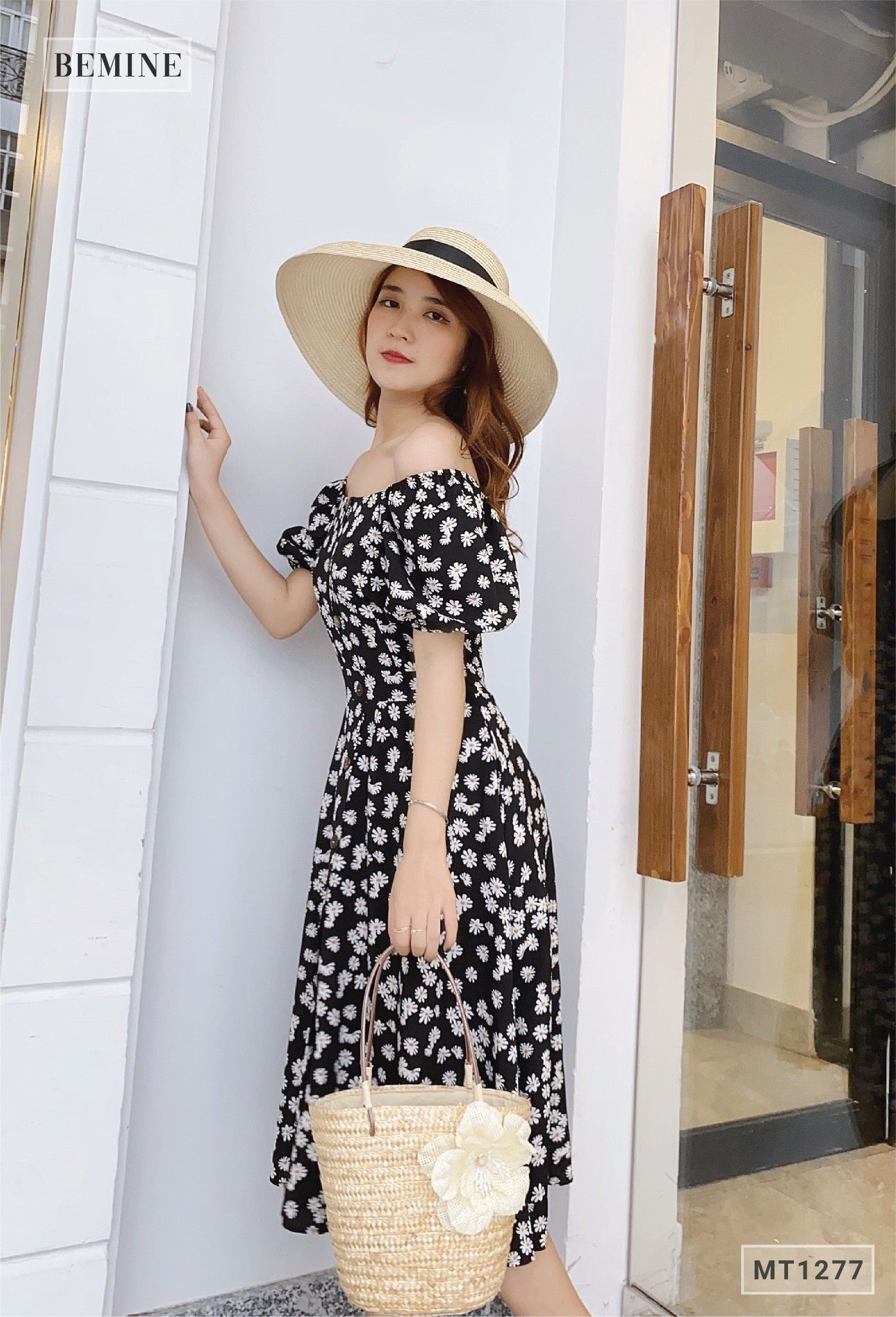 MT1277DEN - Đầm hoa tay bồng trụ nút