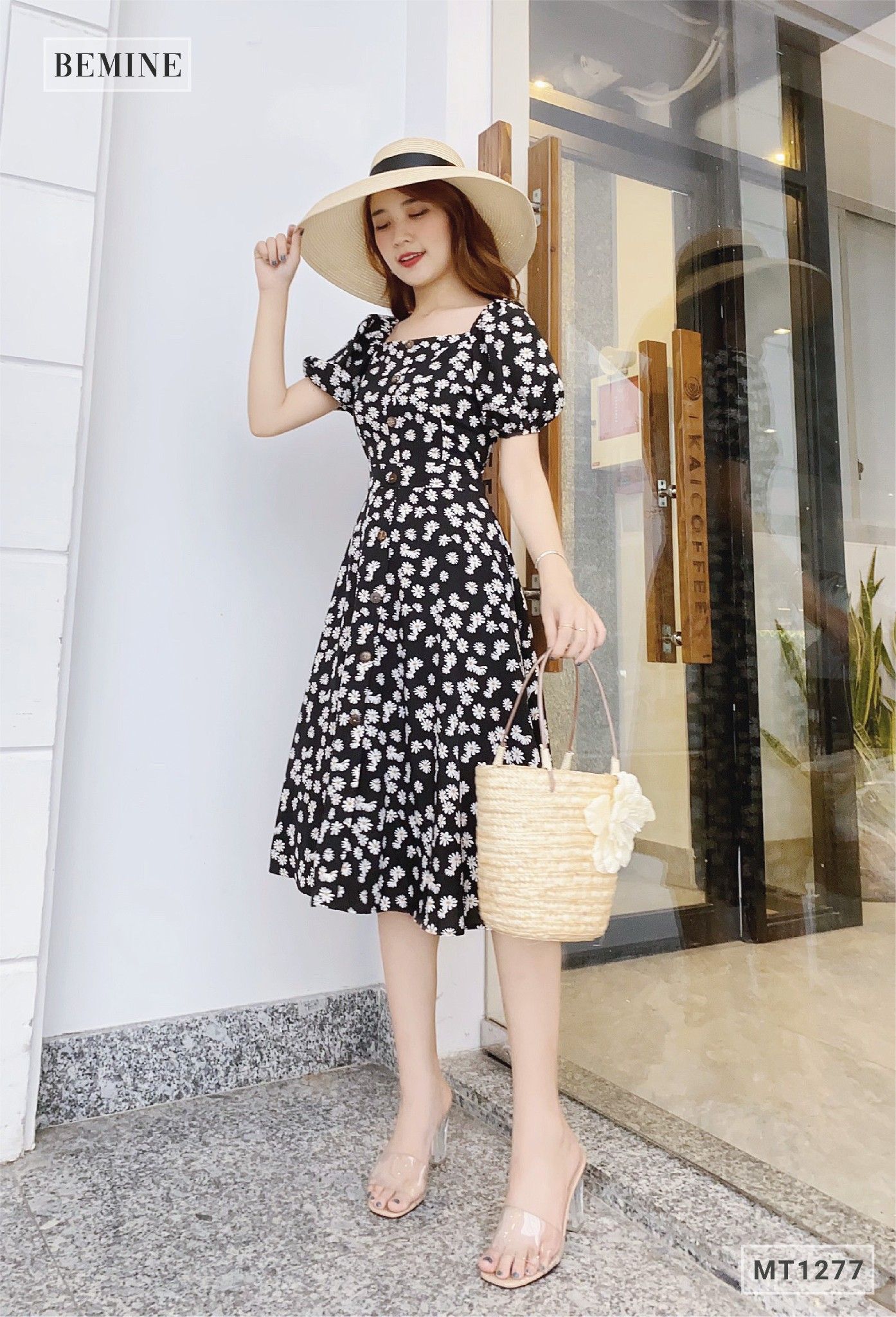 MT1277DEN - Đầm hoa tay bồng trụ nút