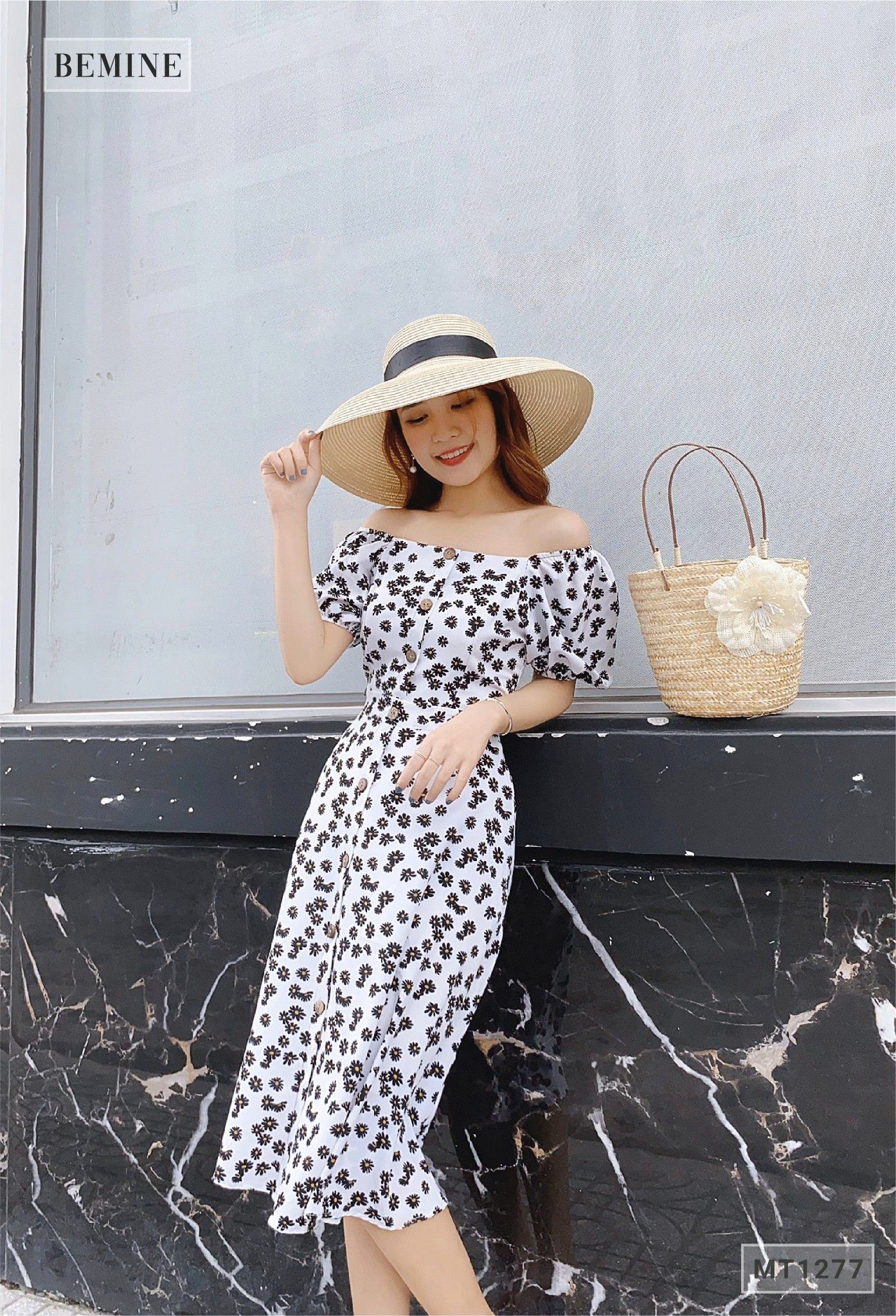 MT1277TRANG - Đầm hoa tay bồng trụ nút